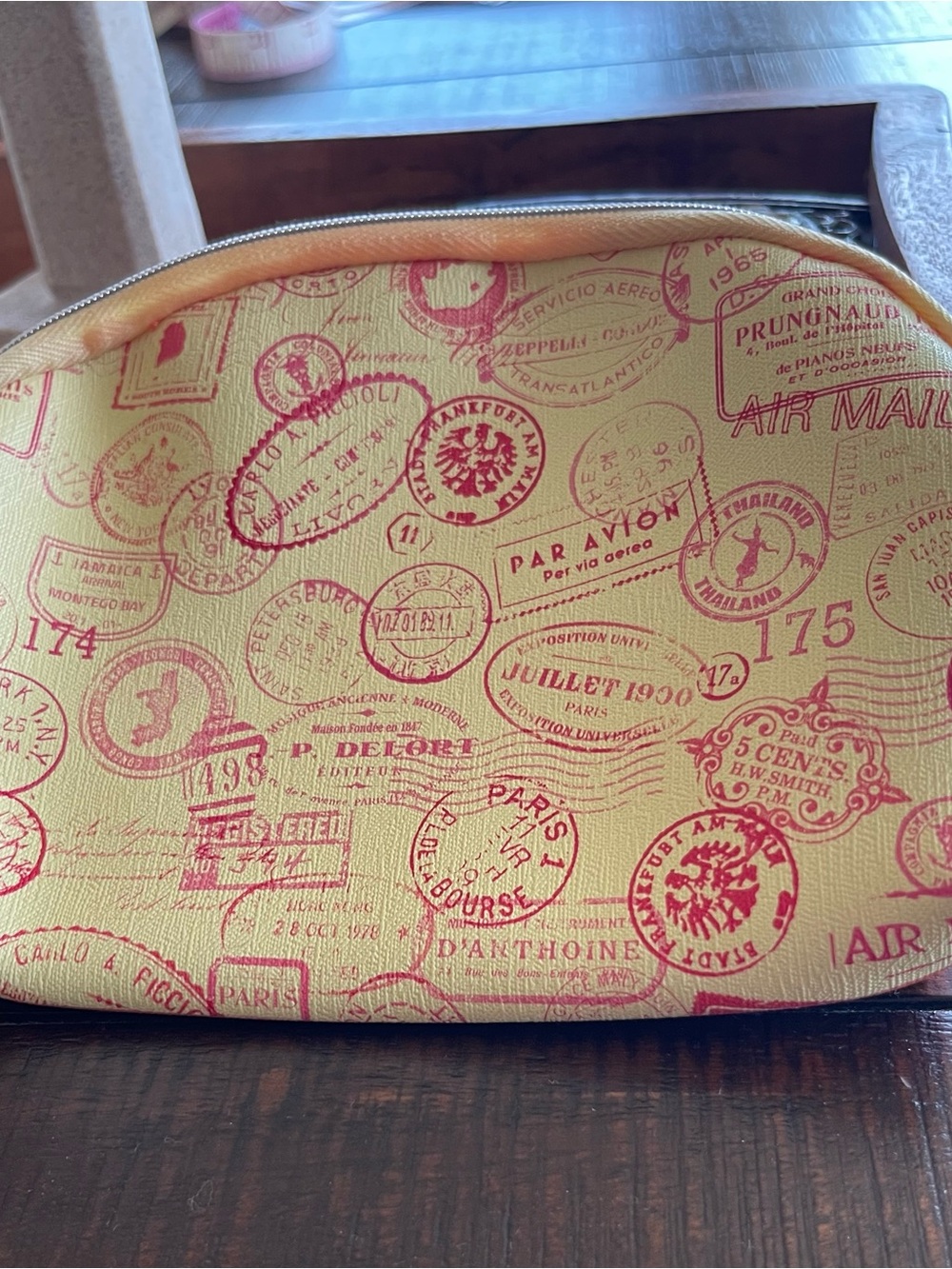 Travel Stamp Print Cosmetic Pouch in Yellow and Orange - NWOT